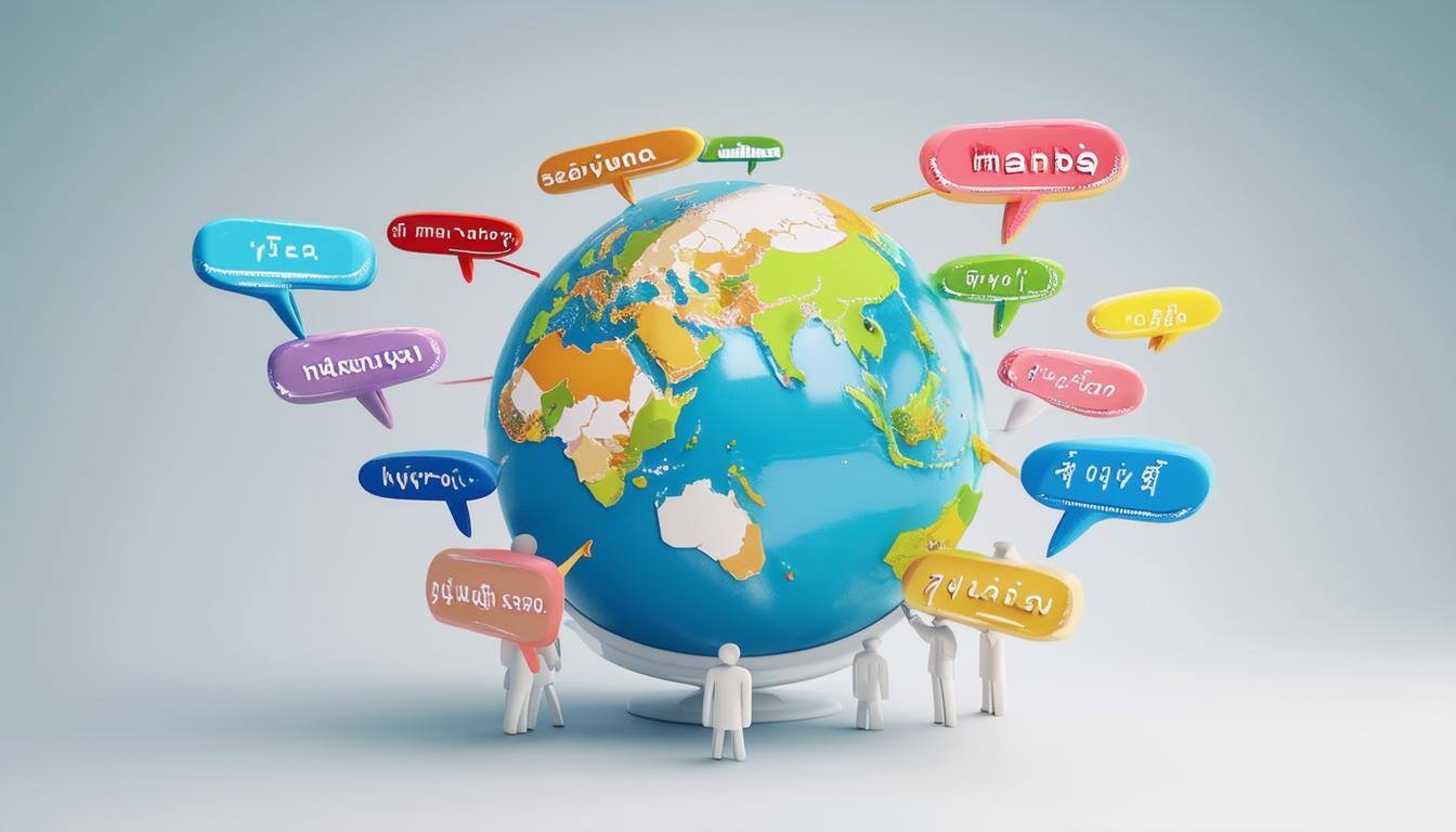 An illustration featuring a globe with speech bubbles in different languages connecting people, symbolizing global communication-1