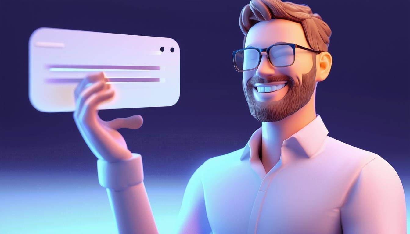 an illustration of a professional white men smiling as an AI assistant generates a message that mirrors their style without putting texts, possibly sh